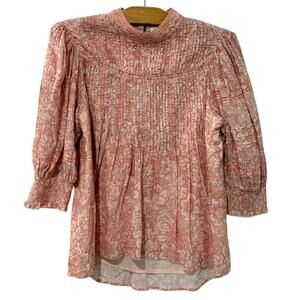 Sundance | Top Pink Floral High Neck 3/4 Sleeves Cotton- Size XS